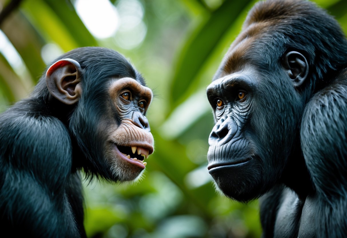 A chimpanzee and a gorilla face each other closely in a jungle with intense expressions.
