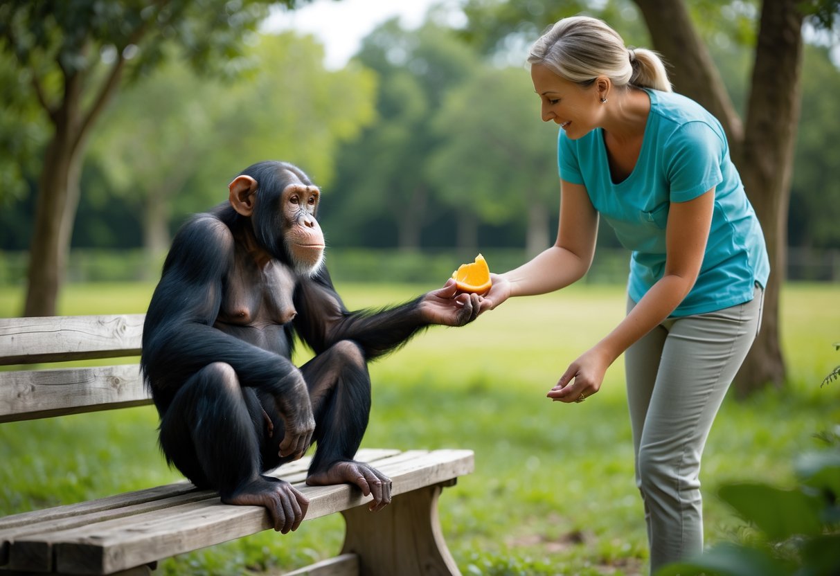 A chimpanzee sitting on a bench outdoors while a person gently offers it a piece of fruit in a green park setting.