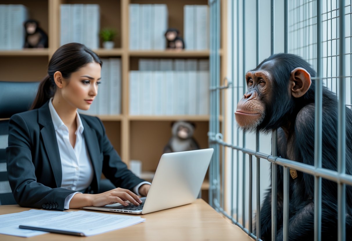 A person in business attire at a desk with legal documents and a chimpanzee behind a secure enclosure in a modern office.