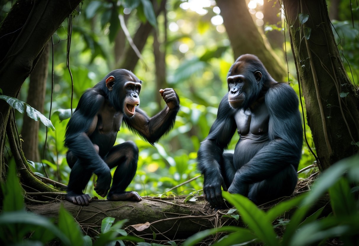 A chimpanzee and a gorilla facing each other in a dense tropical forest, with the chimpanzee showing aggression and the gorilla sitting calmly.