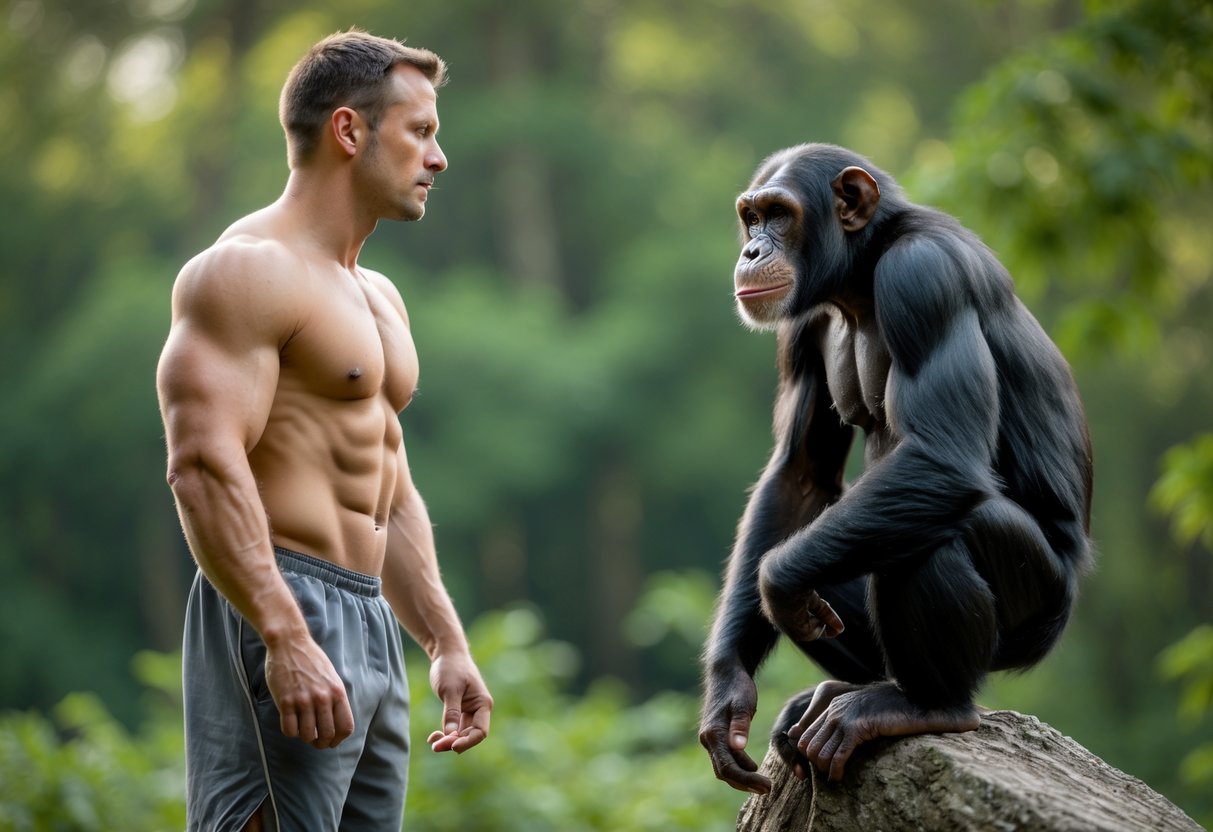 A fit adult man and a chimpanzee facing each other outdoors in a green forest setting.
