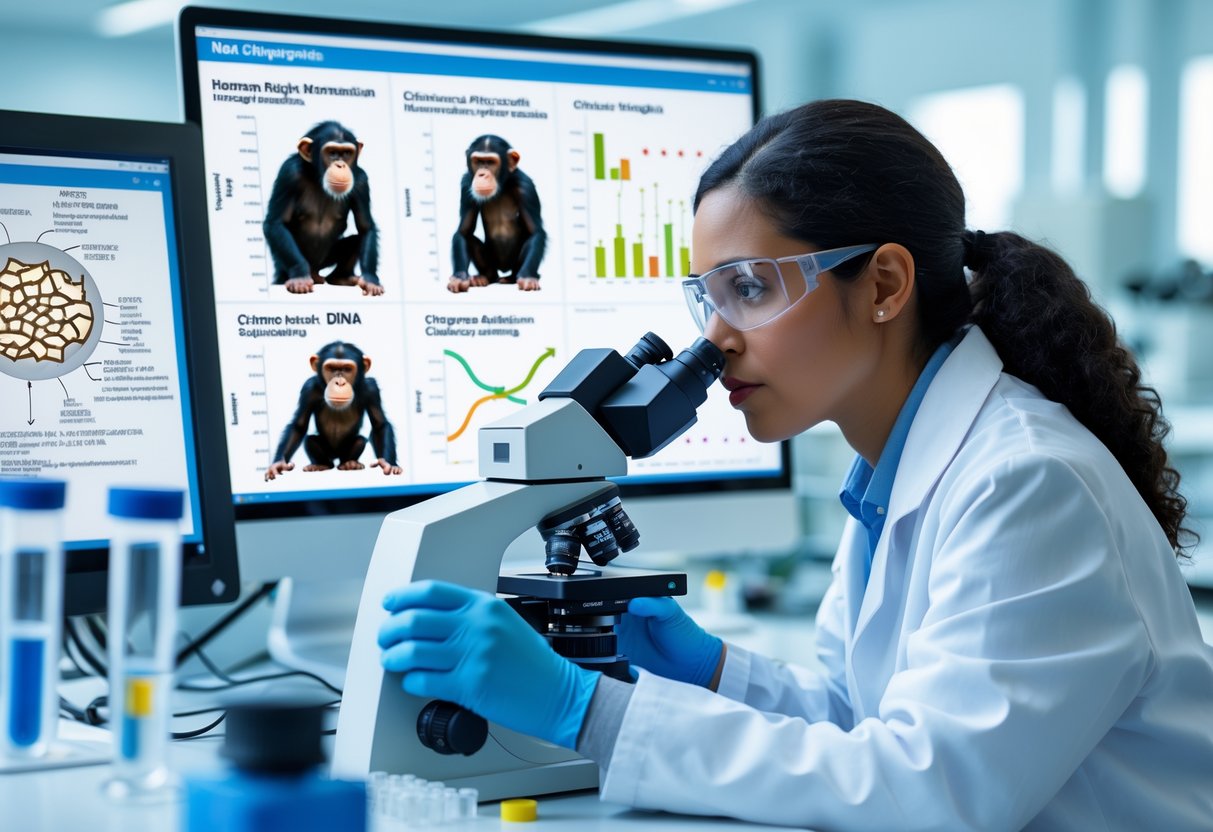 A scientist in a laboratory examining DNA models and genetic samples related to humans and chimpanzees.
