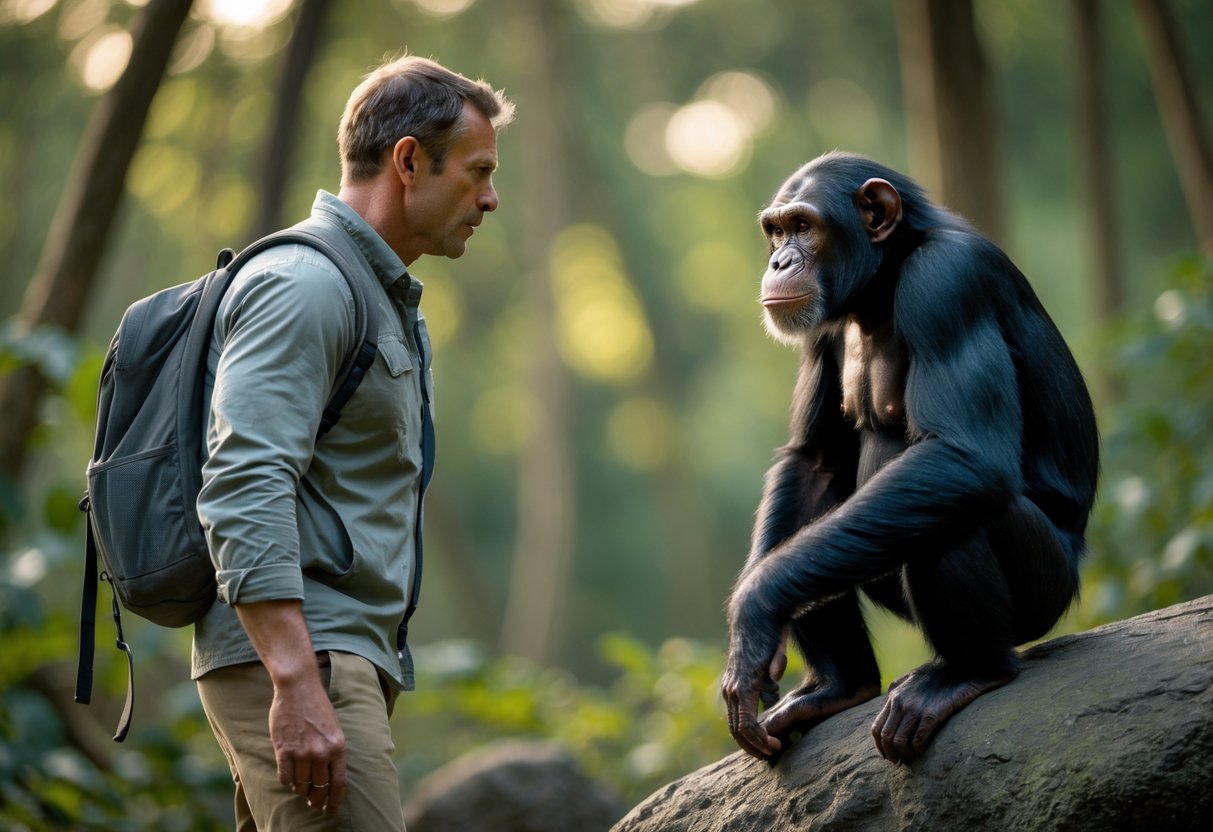 A man and a chimpanzee face each other outdoors in a forest, both appearing alert and cautious.