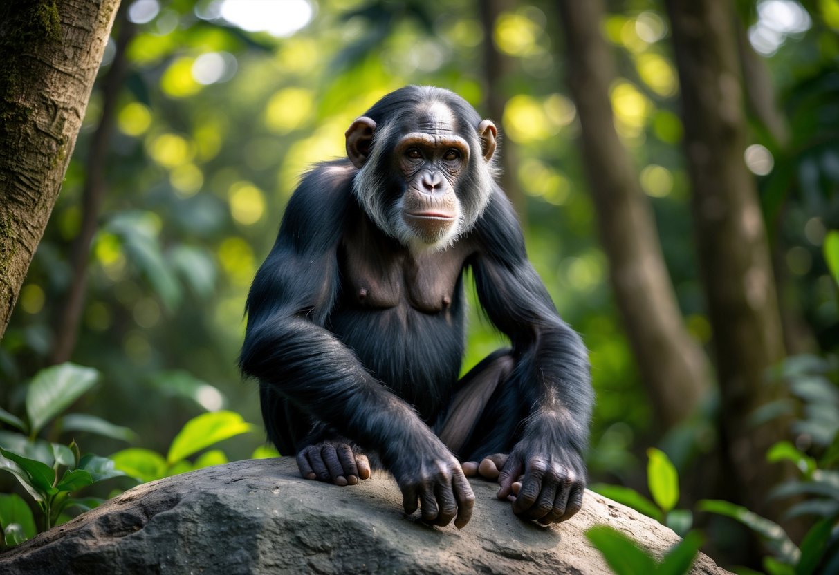 An elderly chimpanzee sitting on a rock in a lush green forest, looking calm and peaceful.