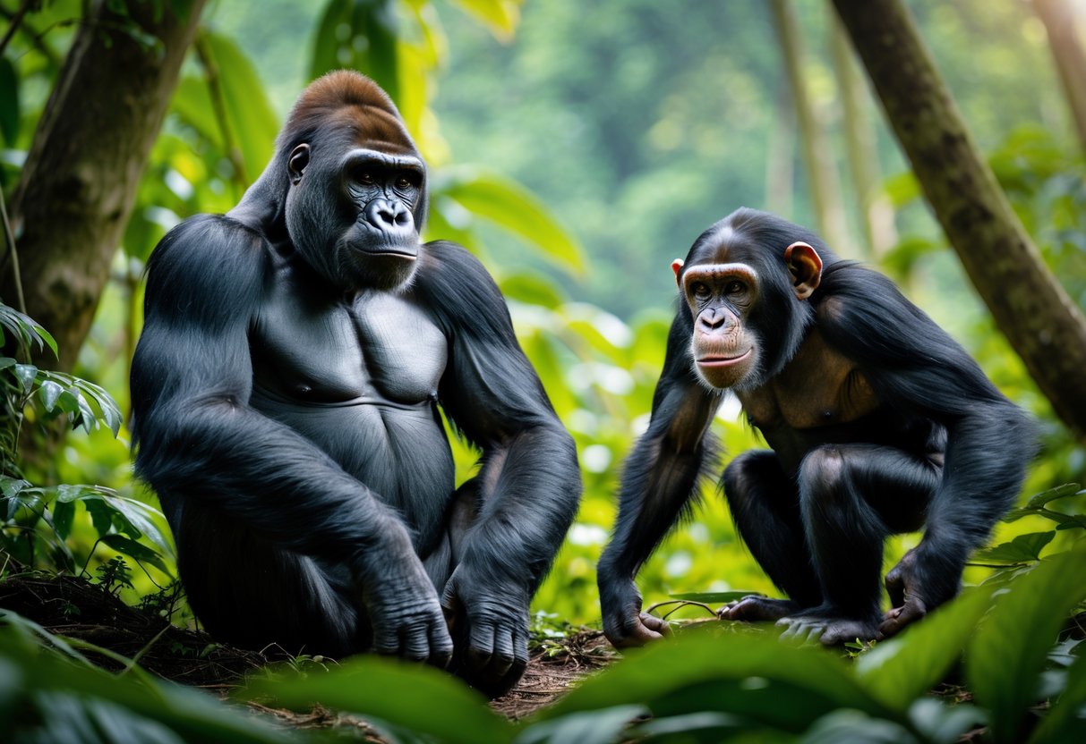 A silverback gorilla sitting calmly in a forest and a chimpanzee nearby showing alert behavior among green trees.