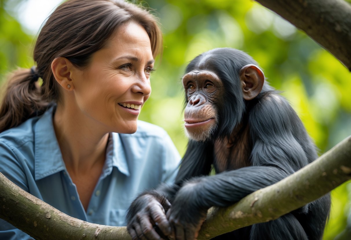 A woman smiling and making eye contact with a calm chimpanzee sitting on a tree branch in a green forest.