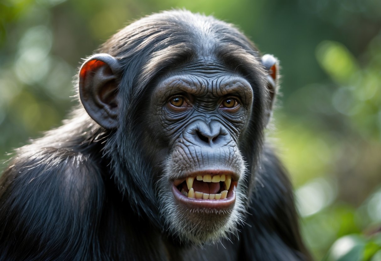 Close-up of an angry chimpanzee showing a fierce facial expression in a natural outdoor environment.