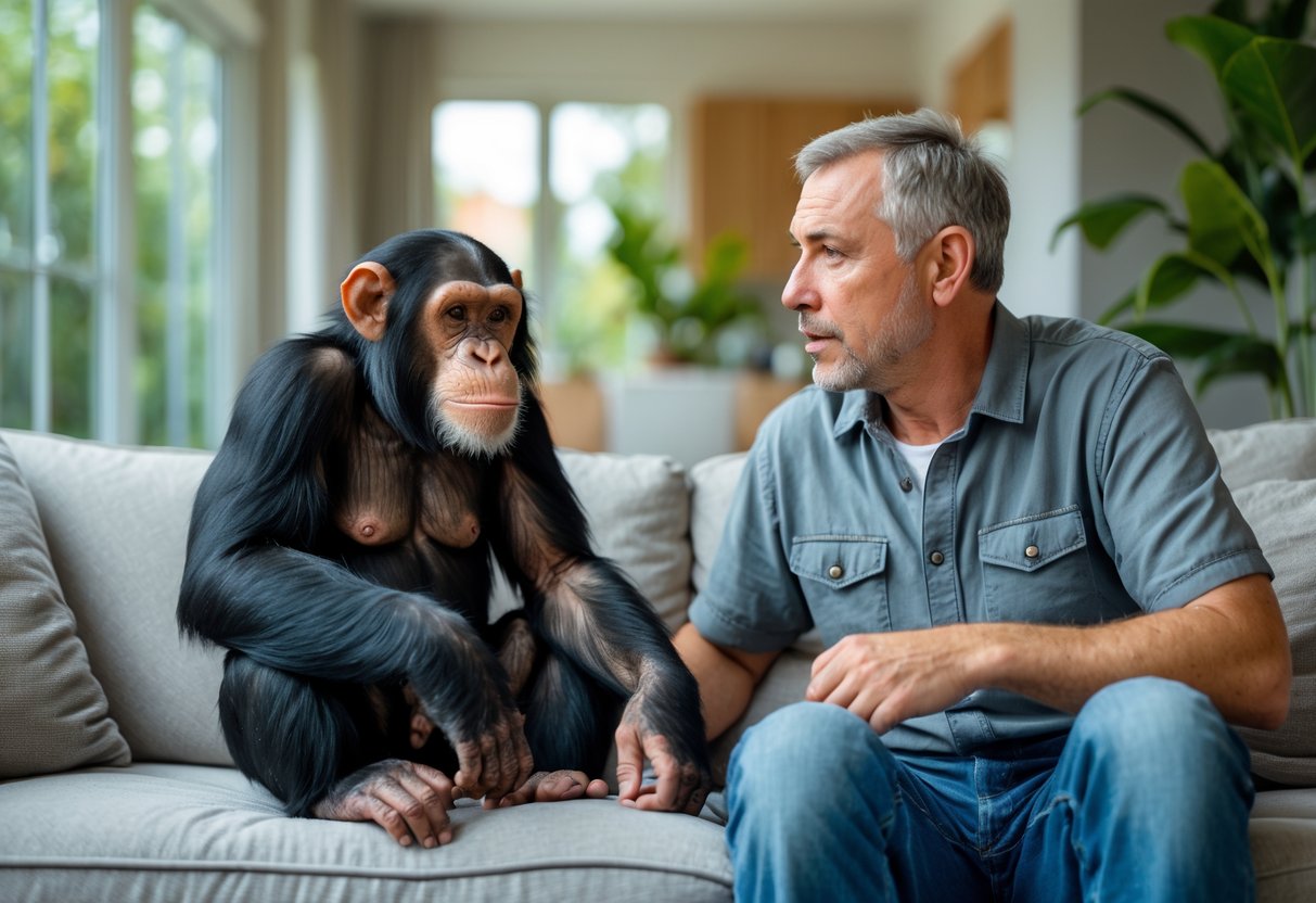A chimpanzee sitting on a sofa in a living room while a man watches it cautiously from nearby.