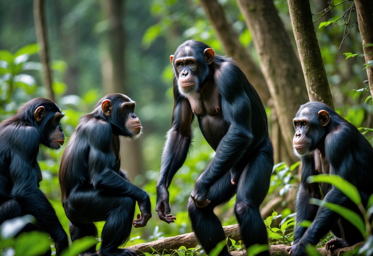 A dominant male chimpanzee displays assertive behavior toward a female chimpanzee in a forest, while other chimpanzees watch nearby.