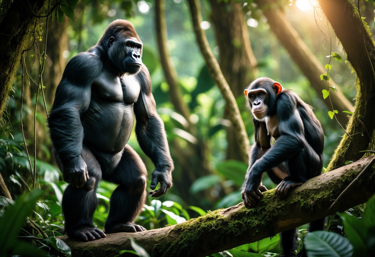 A gorilla and a chimpanzee face each other in a dense jungle surrounded by green foliage.
