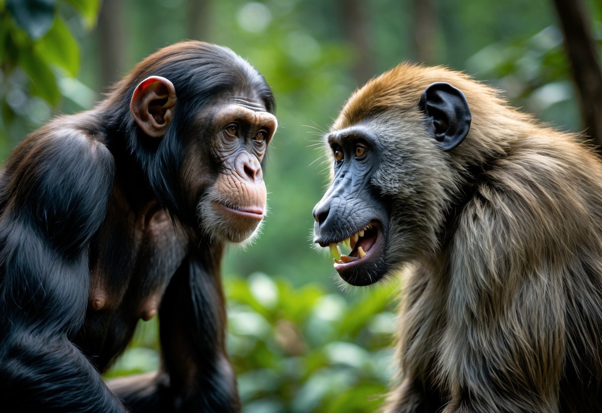 A chimpanzee and a baboon face each other in a forest clearing, appearing tense and alert.