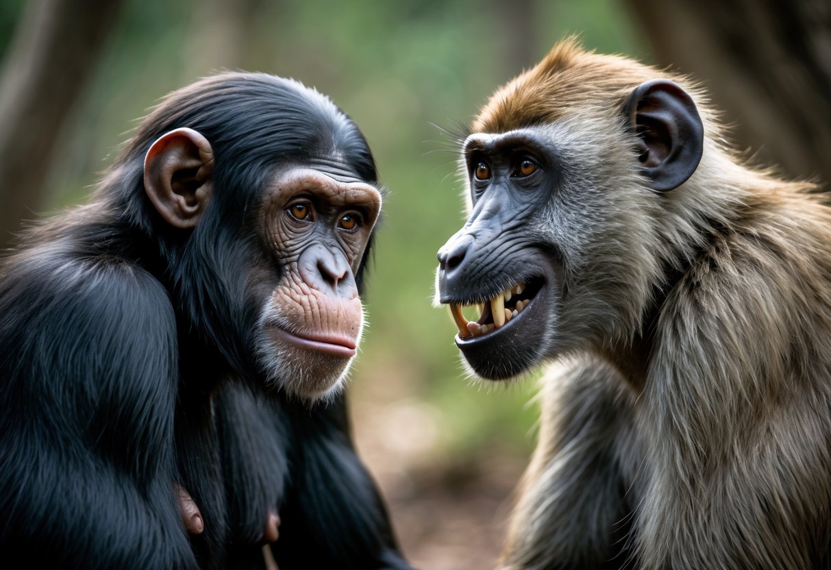 A chimpanzee and a baboon facing each other outdoors in a natural environment.