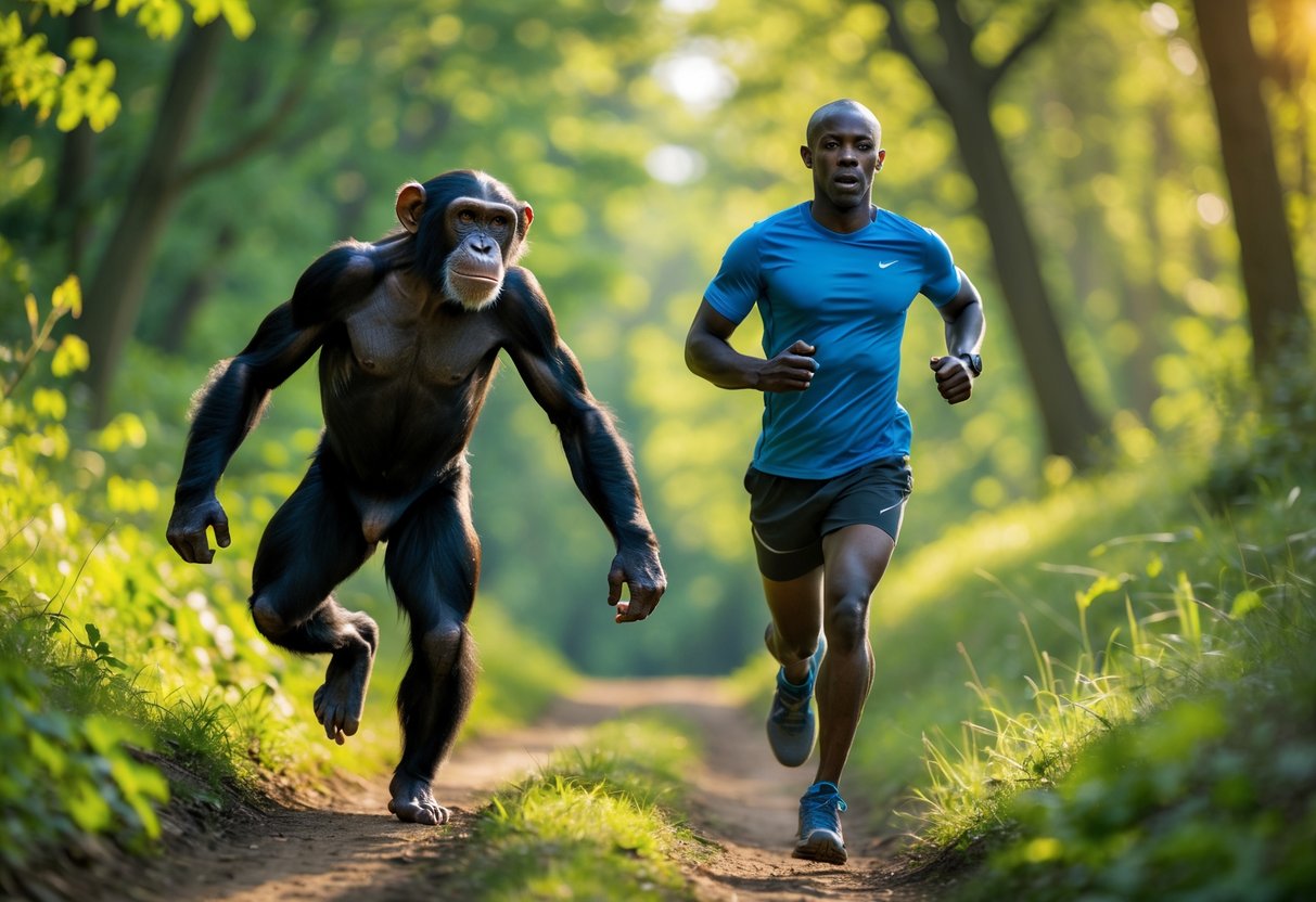 A human and a chimpanzee running side by side on a forest trail.