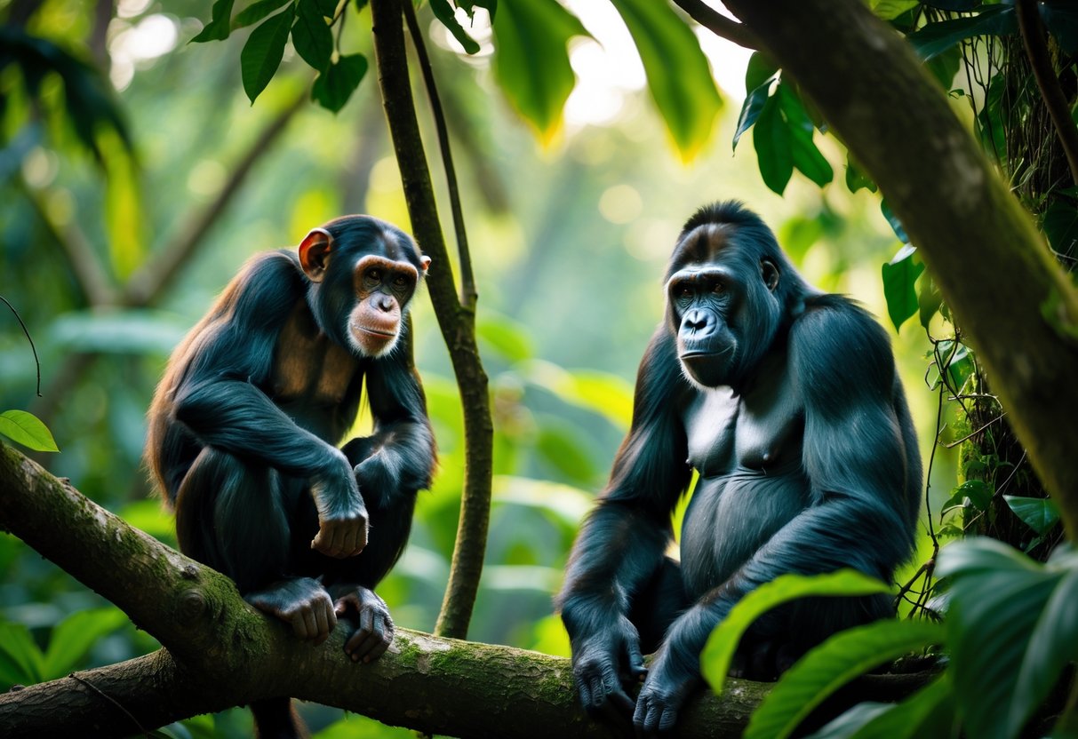 A chimpanzee sitting on a tree branch and a gorilla sitting on the forest floor in a lush jungle.