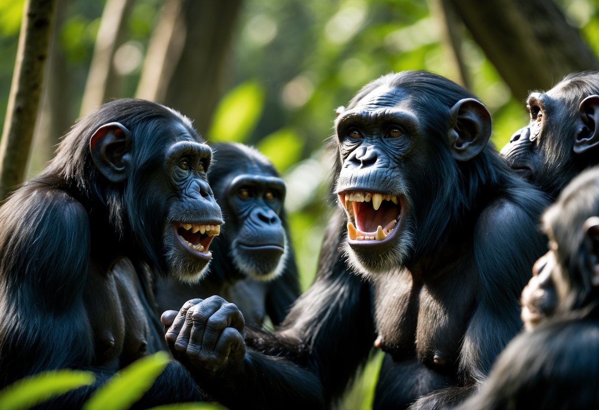 A group of chimpanzees in a forest, with one showing aggressive behavior while others observe calmly.
