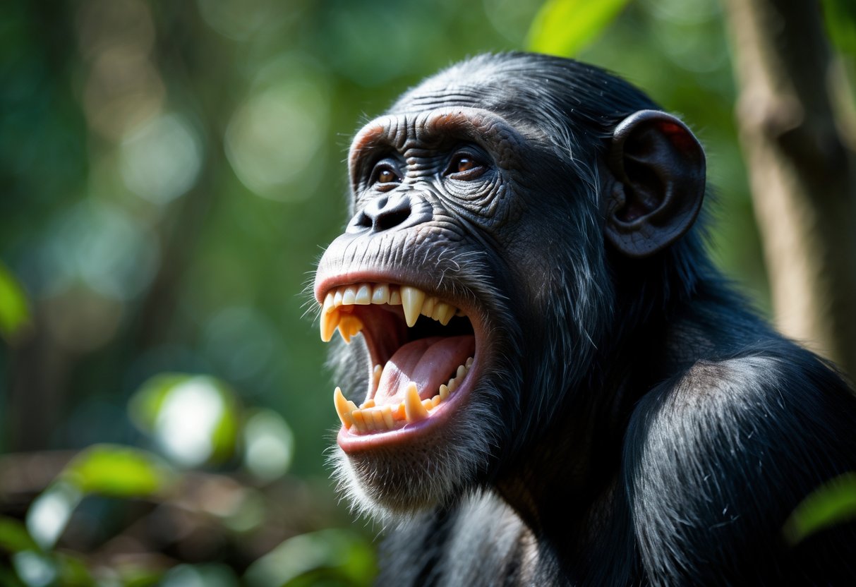 Close-up of a chimpanzee showing its open mouth and teeth in a forest setting.