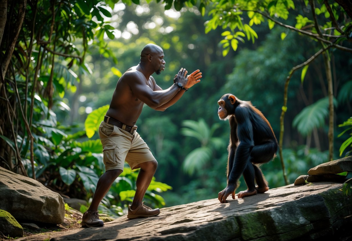 A man in a defensive stance facing a chimpanzee in a jungle setting.