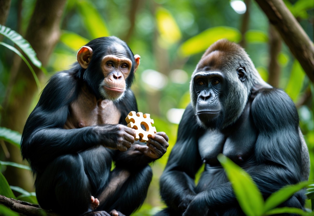 A chimpanzee holding a puzzle toy sits next to a calm gorilla in a lush forest.