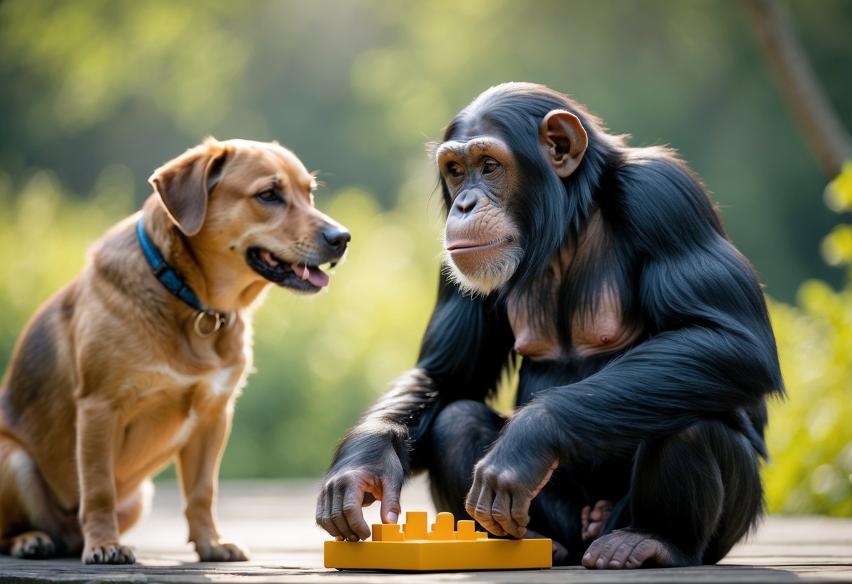 A chimpanzee and a dog sitting side by side outdoors, both looking at a puzzle toy between them.