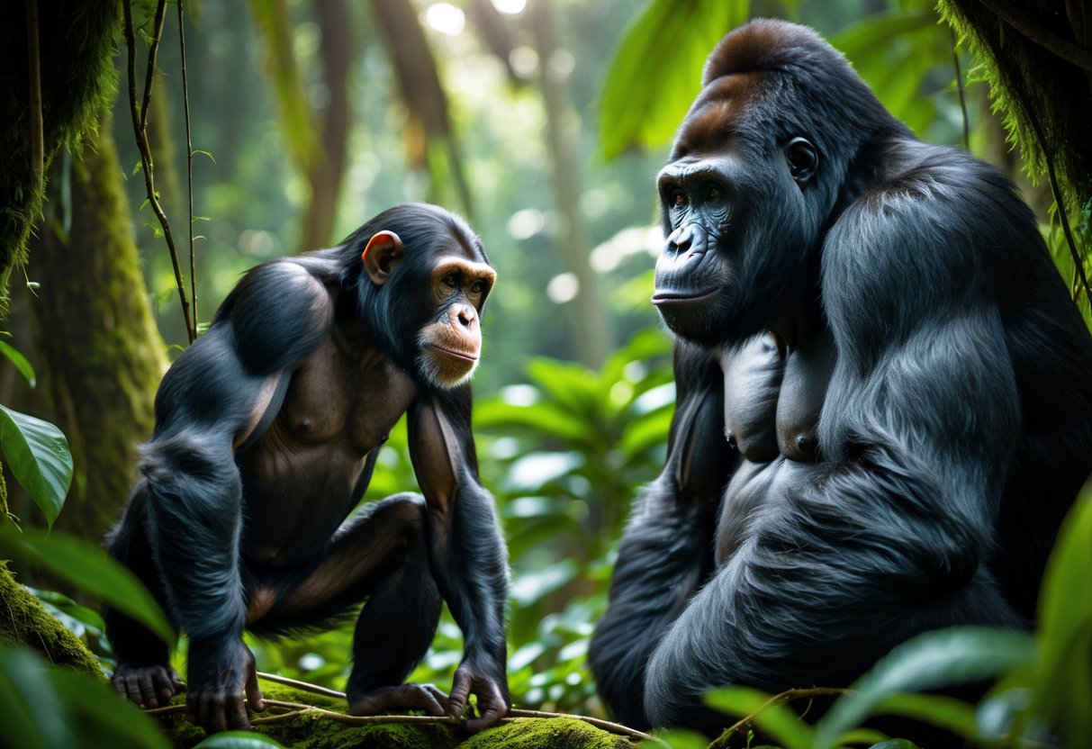 A chimpanzee and a gorilla facing each other in a dense tropical rainforest.