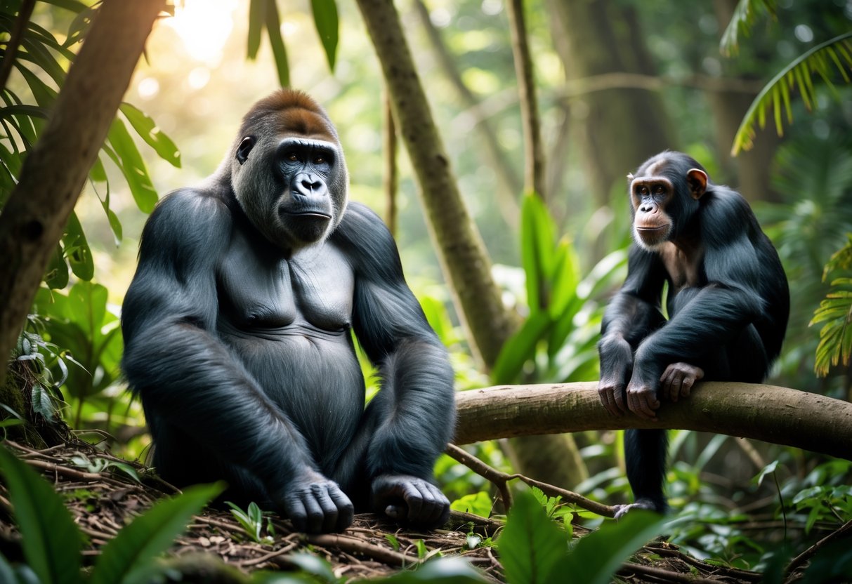 A calm adult gorilla sitting on the forest floor with a relaxed chimpanzee nearby in a lush jungle setting.