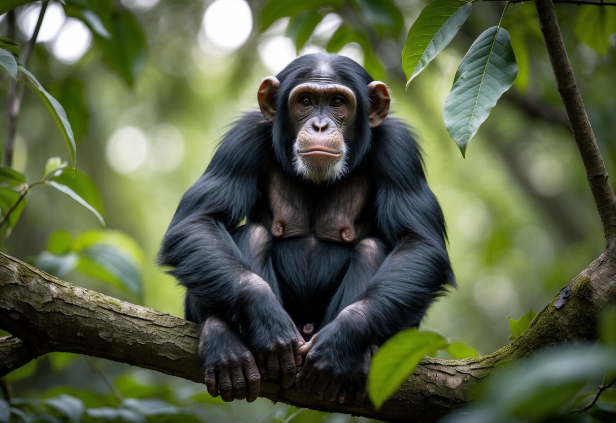 A chimpanzee sitting calmly on a tree branch in a forest, looking directly ahead with a neutral expression.