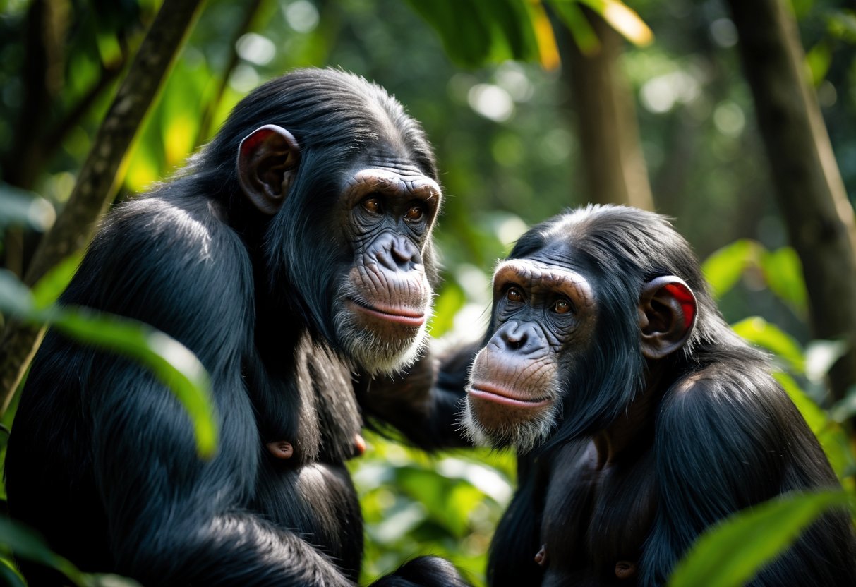 Two chimpanzees in a jungle interacting, one showing dominance while the other appears submissive.