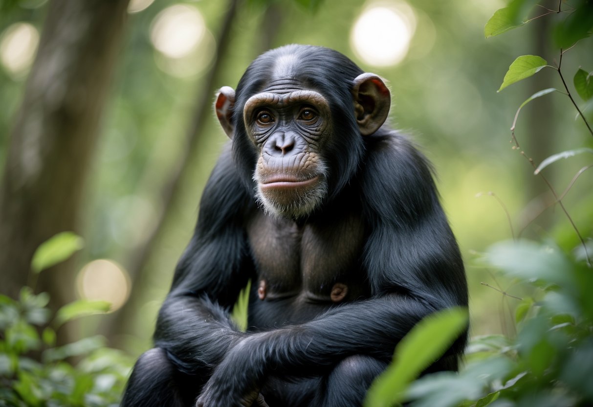 A chimpanzee sitting in a forest looking thoughtfully into the distance.