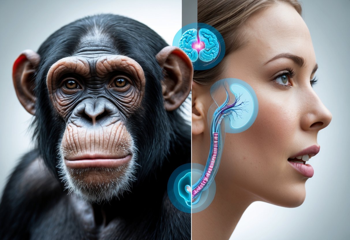 A chimpanzee and a human shown side by side, highlighting their facial features and mouth areas to illustrate differences in speech abilities.