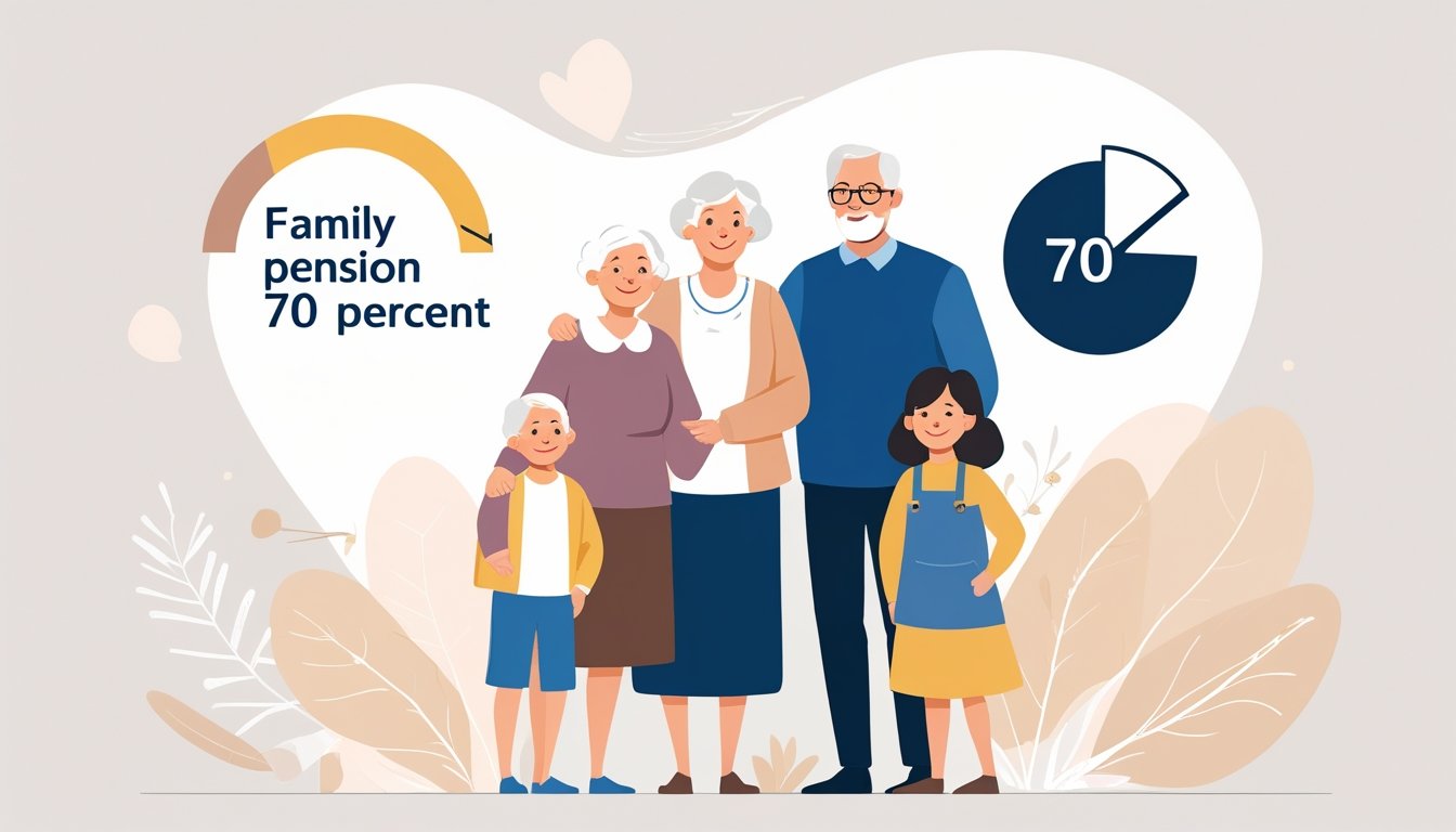 Obitelj različitih generacija stoji zajedno u toplom i sigurnom okruženju, simbolizirajući obiteljsku mirovinu.