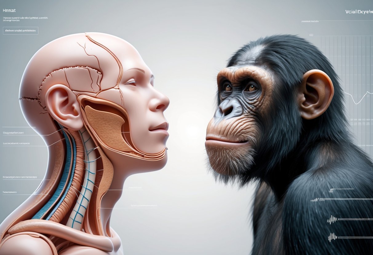 Side-by-side profile views of a human and a chimpanzee head showing their vocal anatomy for speech comparison.