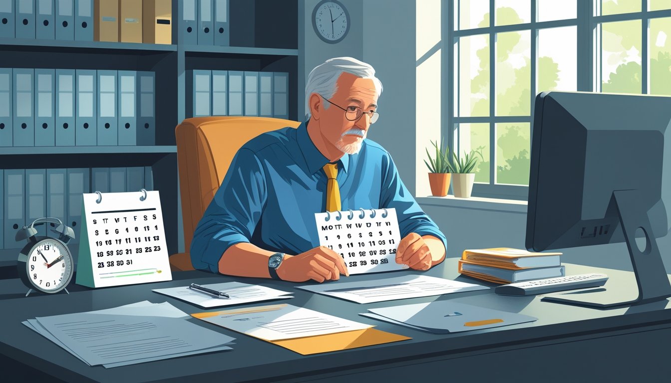 Osoba srednjih godina sjedi za uredskim stolom i gleda u kalendar dok čeka na odluku o mirovini.
