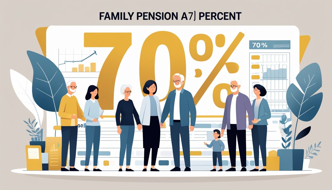 Obitelj sastavljena od starijih roditelja i odrasle djece prikazana uz simbol postotka i financijske elemente koji predstavljaju izračun obiteljske mirovine.