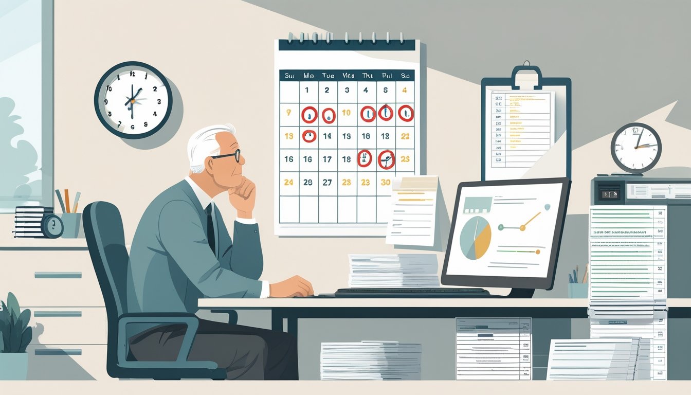 Osoba srednjih godina sjedi za stolom u uredu, gleda u kalendar i sat, okružena dokumentima vezanim uz mirovinu.