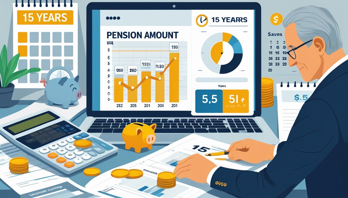 Osoba srednjih godina sjedi za stolom i pregledava financijske dokumente s kalkulatorom i prijenosnim računalom, uz prikaz kalendara koji ističe 15 godina staža.