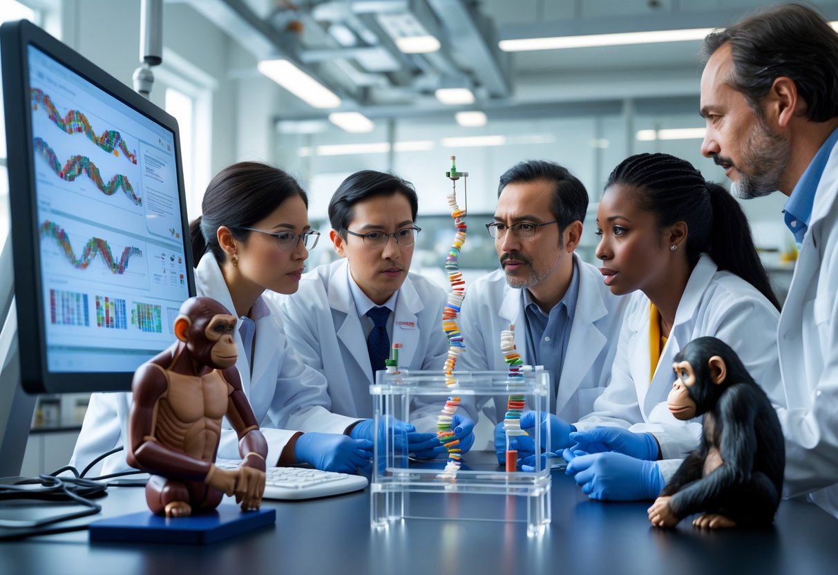 Scientists in a laboratory discussing genetic data with models of a human and a chimpanzee nearby.