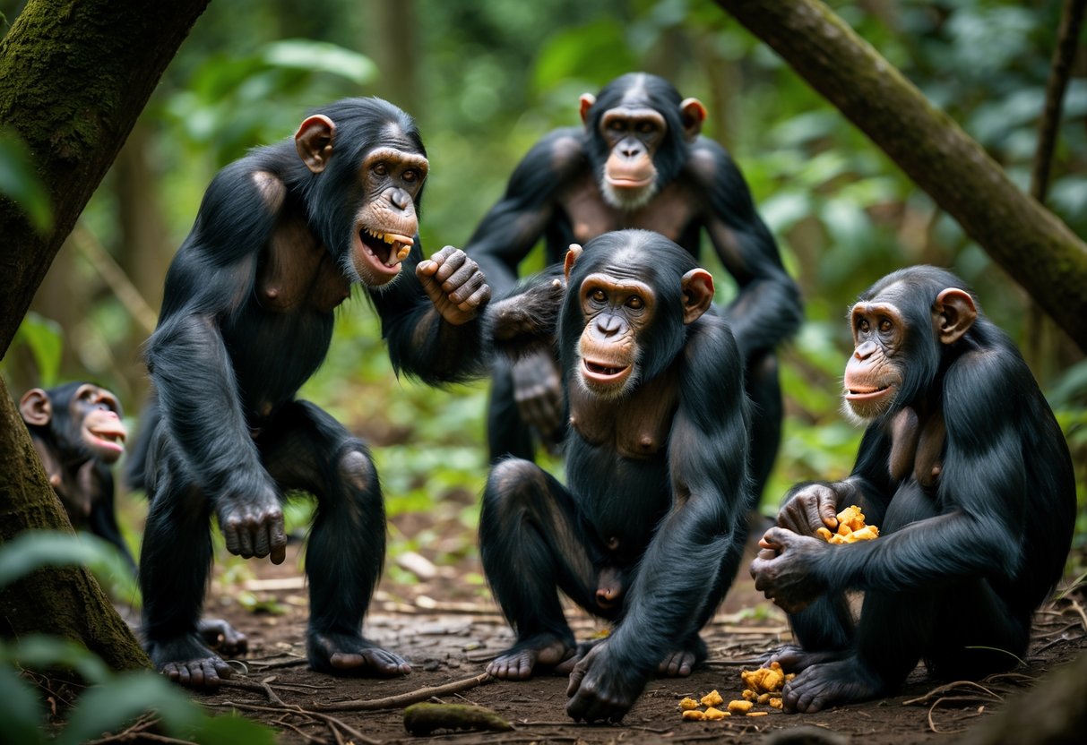 A group of chimpanzees in a forest showing aggressive and disruptive behaviors toward each other.