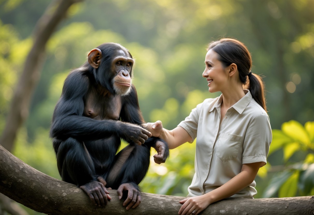 A chimpanzee and a human gently reaching out to each other in a green forest, showing a calm and friendly interaction.