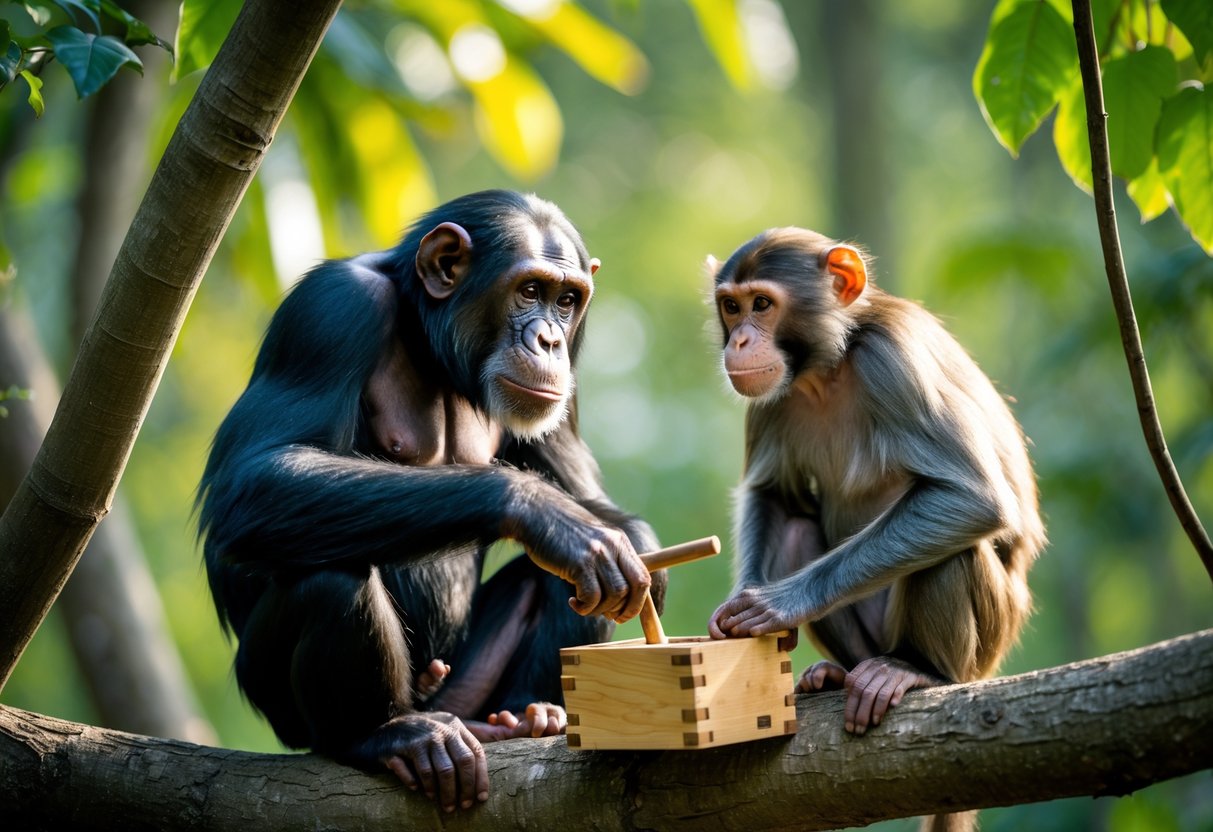 A chimpanzee and a monkey sitting on tree branches in a forest, with the chimpanzee examining a puzzle while the monkey looks on.