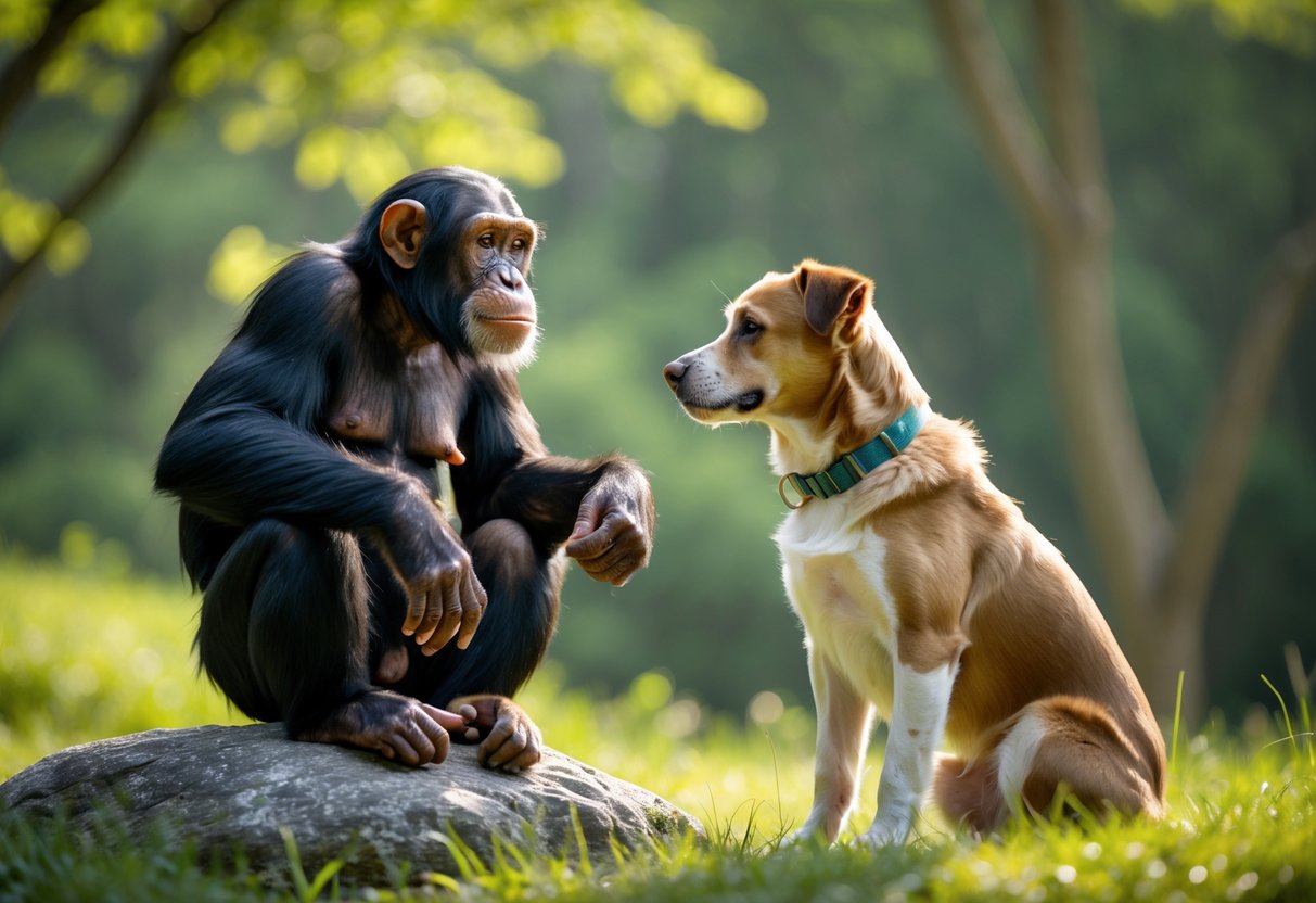 A chimpanzee and a dog sitting outdoors facing each other in a green forest setting.