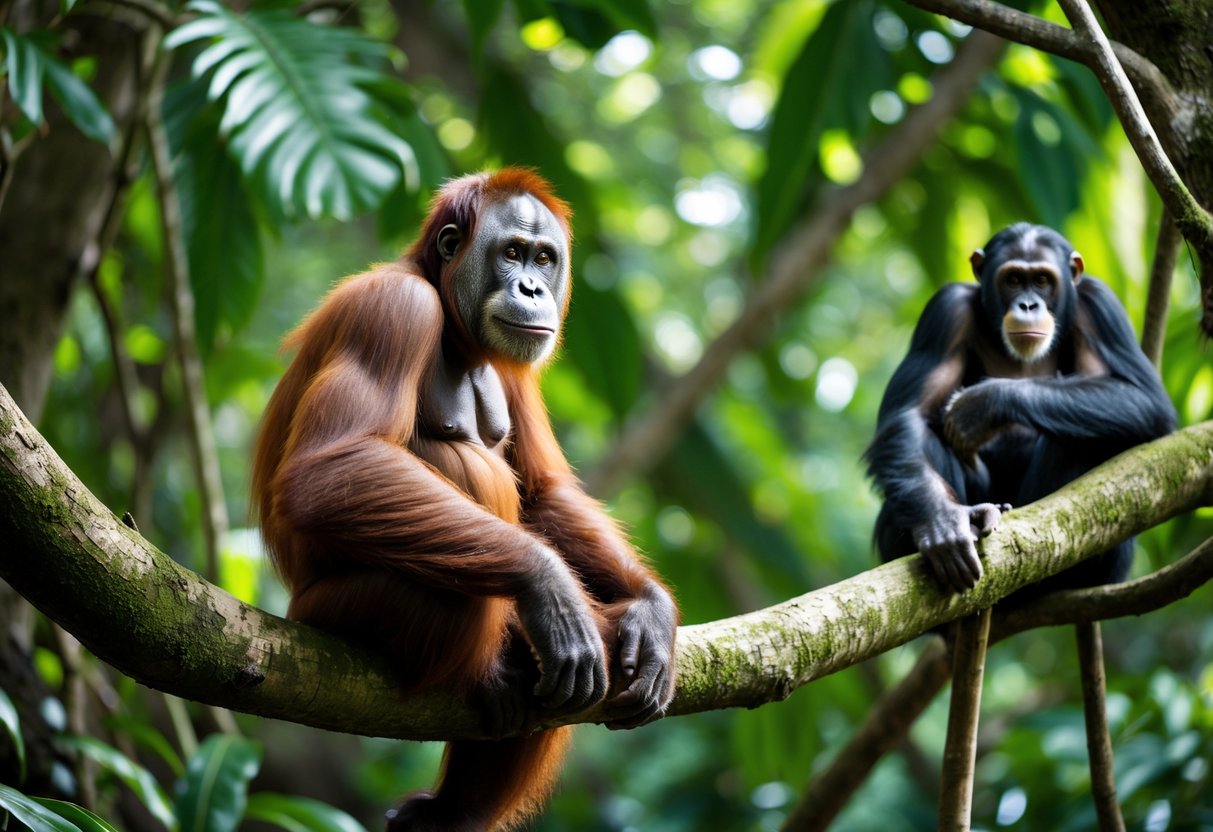 An orangutan sitting calmly on a tree branch with a chimpanzee in the background in a dense rainforest.
