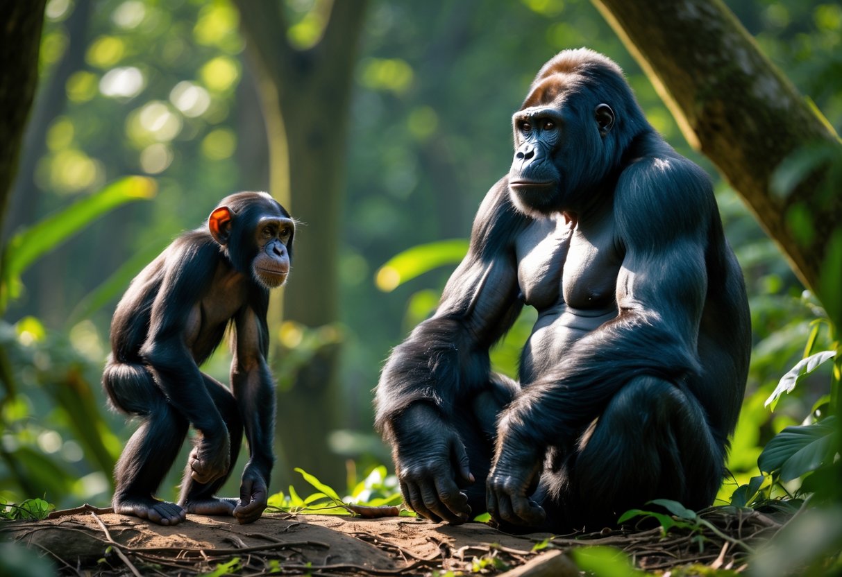 A chimpanzee and a gorilla facing each other in a green forest setting.