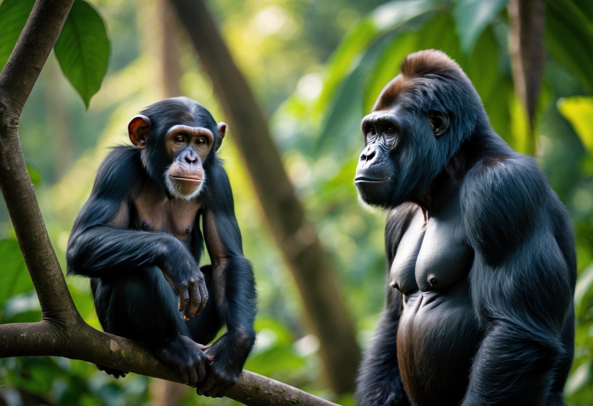 A chimpanzee sitting on a tree branch facing a standing gorilla in a dense jungle with green foliage.