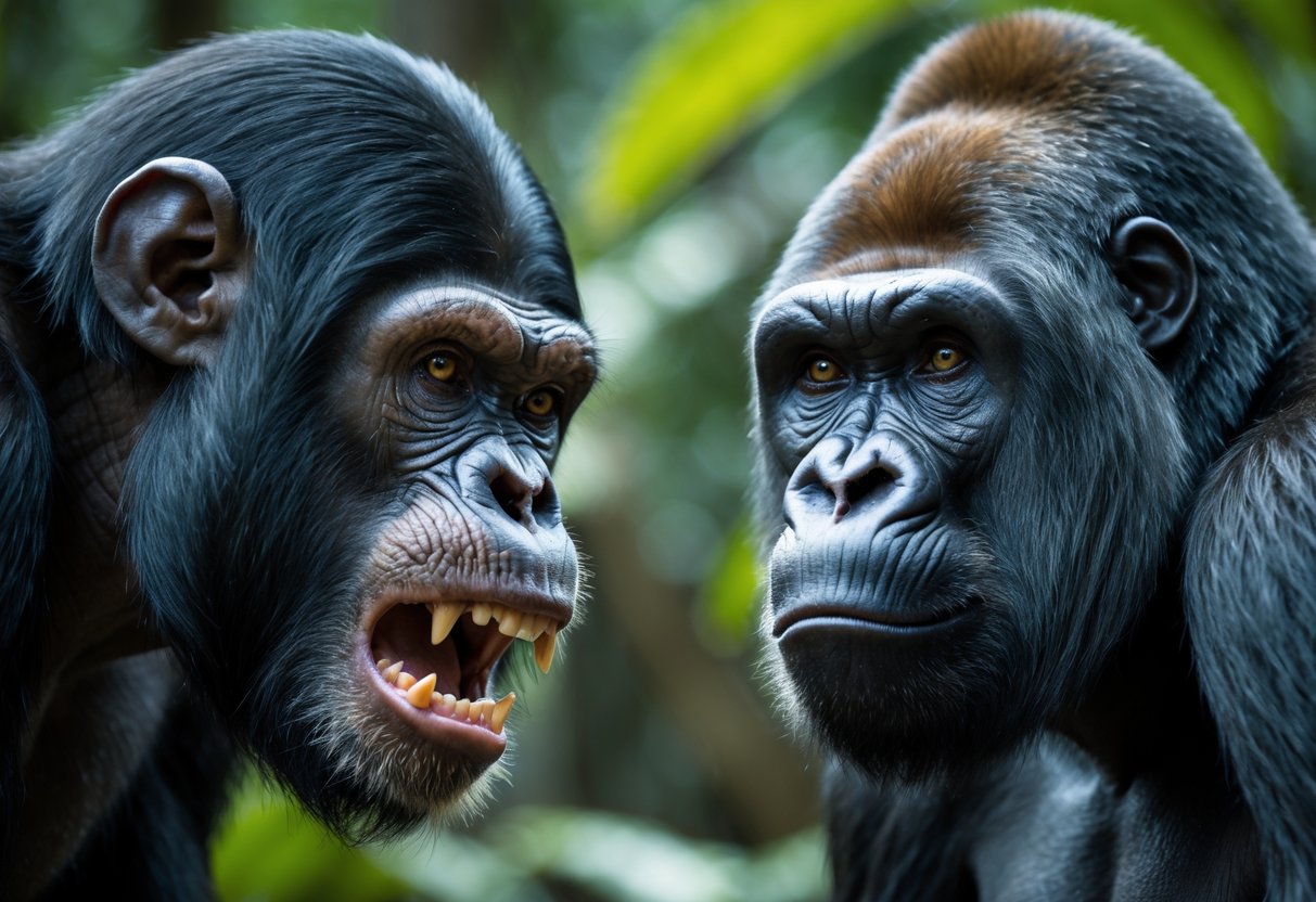 A close-up view of a chimpanzee and a gorilla facing each other aggressively in a jungle setting.
