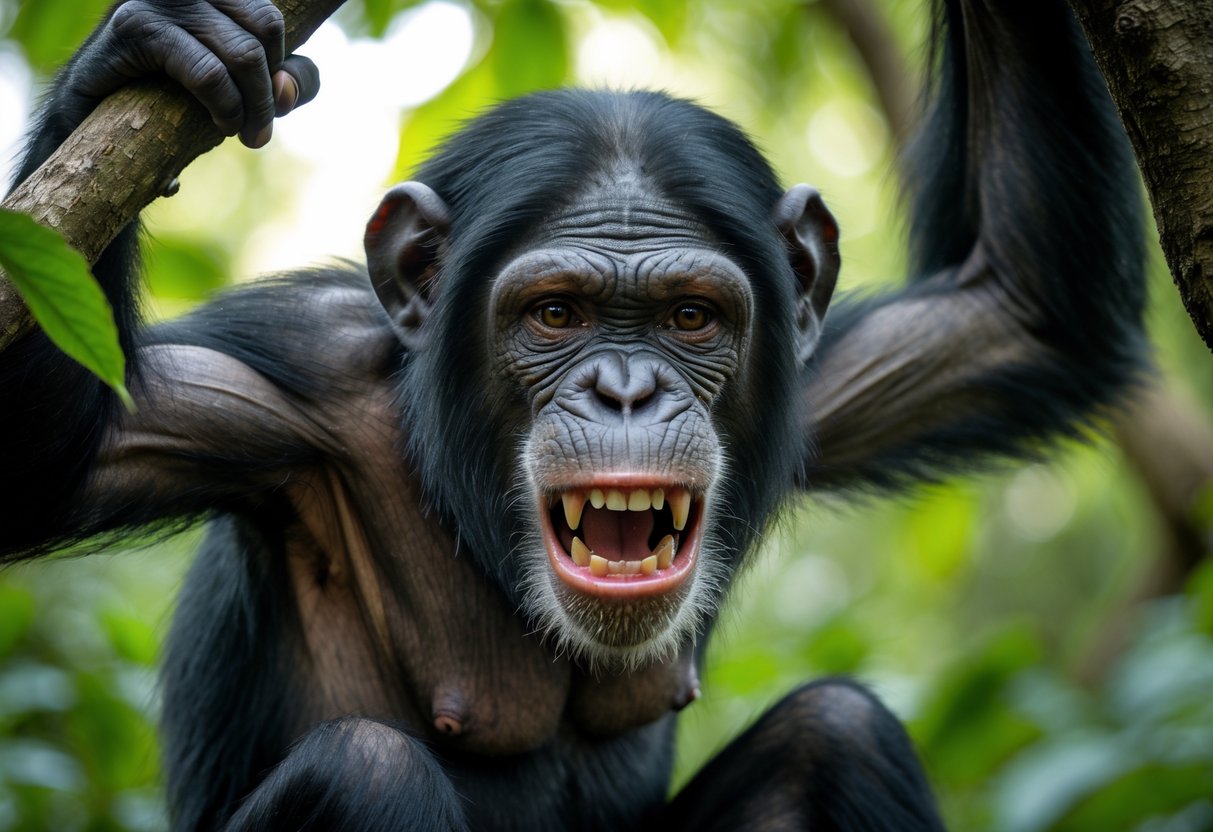 Close-up of an aggressive chimpanzee showing bared teeth and tense posture in a forest setting.