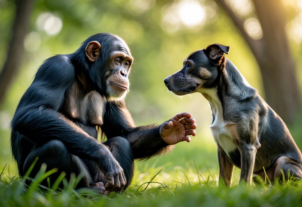 A chimpanzee and a dog sitting on grass outdoors, looking at each other calmly.