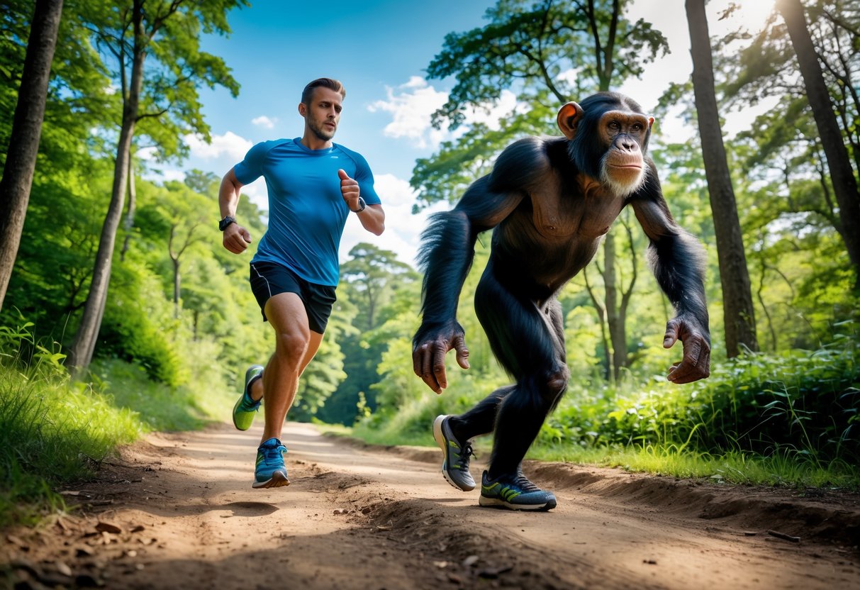 A human runner and a chimpanzee running side by side on a forest trail.