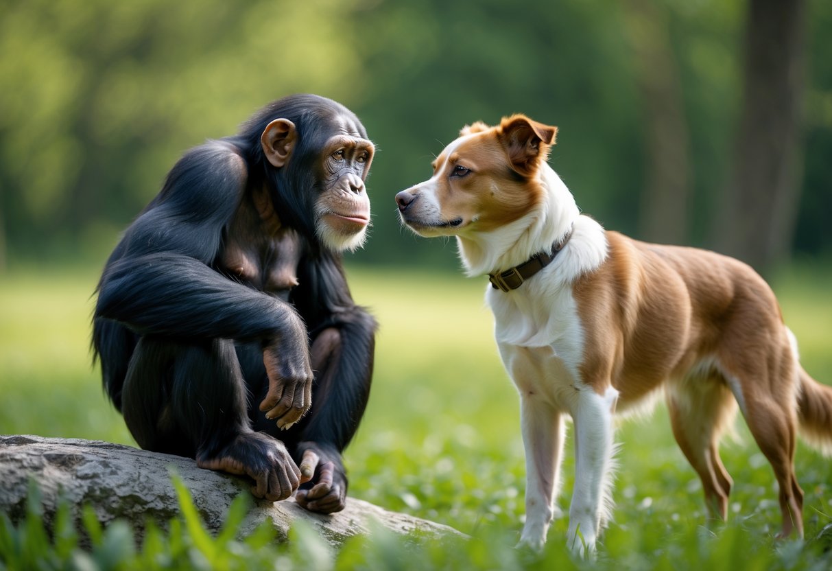 A chimpanzee and a dog facing each other outdoors in a green natural setting.