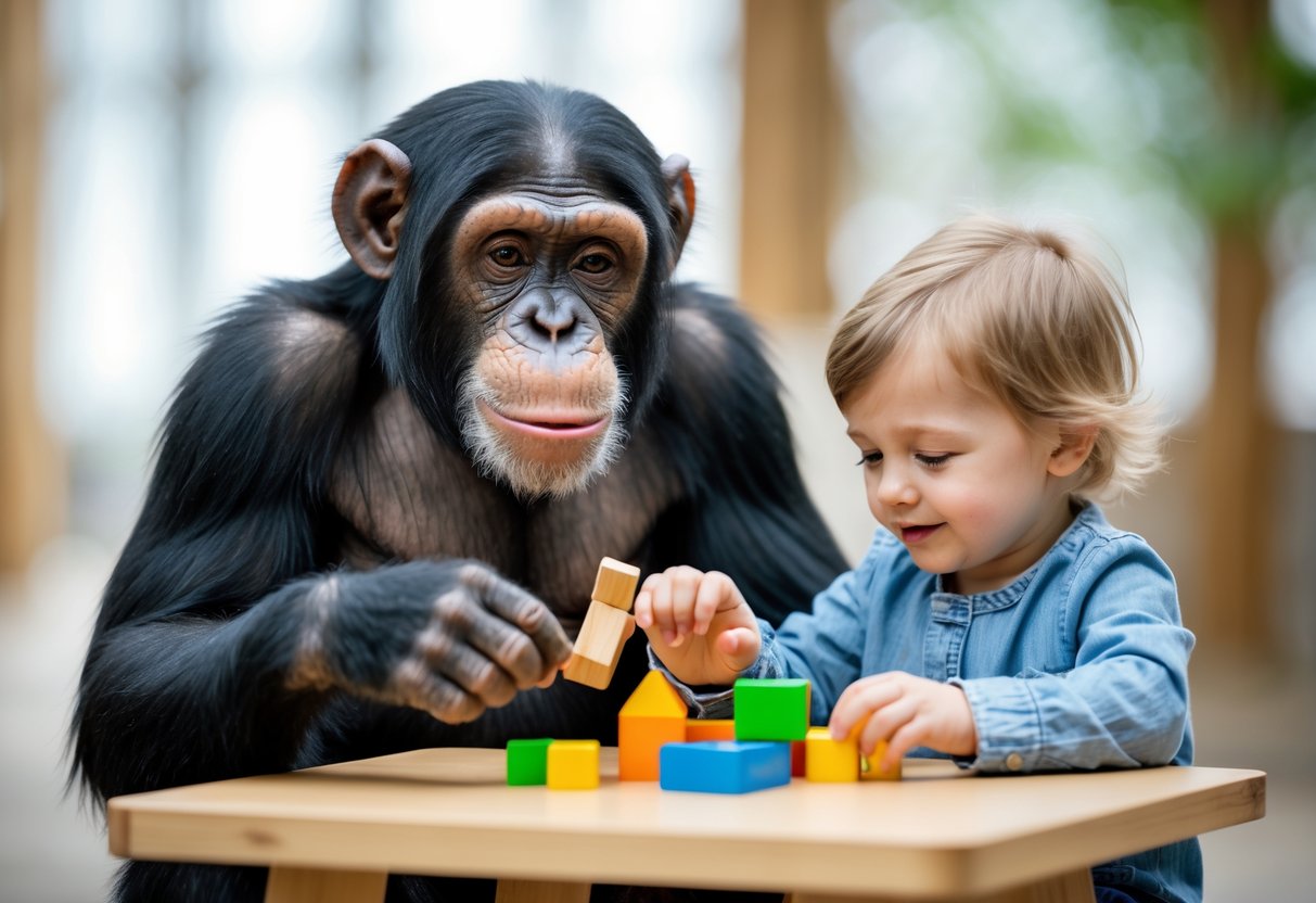 A chimpanzee and a 5-year-old child sitting together at a table, playing with colorful building blocks and looking curious.