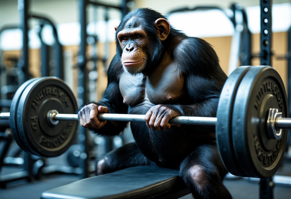 A chimpanzee lying on a bench press bench, lifting a barbell in a gym.